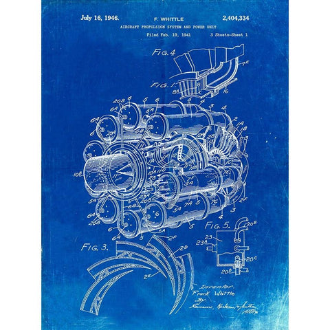 PP14-Faded Blueprint Jet Engine Patent Poster White Modern Wood Framed Art Print by Borders, Cole