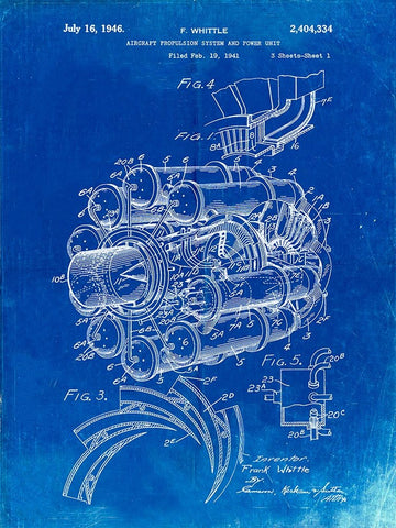 PP14-Faded Blueprint Jet Engine Patent Poster White Modern Wood Framed Art Print with Double Matting by Borders, Cole
