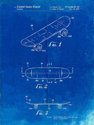 PP17-Faded Blueprint Double Kick Skateboard Patent Poster Black Ornate Wood Framed Art Print with Double Matting by Borders, Cole