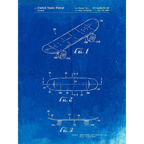 PP17-Faded Blueprint Double Kick Skateboard Patent Poster Black Modern Wood Framed Art Print with Double Matting by Borders, Cole