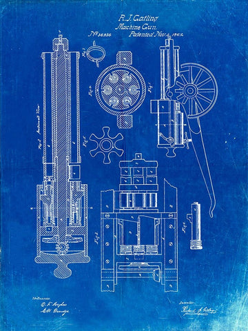 PP23-Faded Blueprint Gatling Gun Patent Poster White Modern Wood Framed Art Print with Double Matting by Borders, Cole