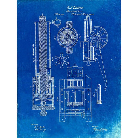 PP23-Faded Blueprint Gatling Gun Patent Poster White Modern Wood Framed Art Print by Borders, Cole