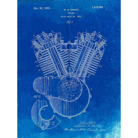 PP24-Faded Blueprint Harley Davidson Engine 1919 Patent Poster White Modern Wood Framed Art Print by Borders, Cole