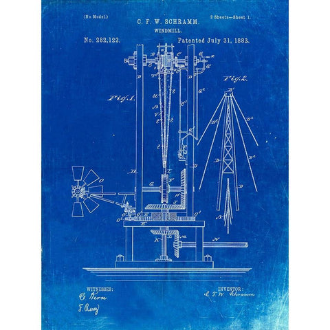 PP26-Faded Blueprint Windmill 1883 Patent Poster Gold Ornate Wood Framed Art Print with Double Matting by Borders, Cole