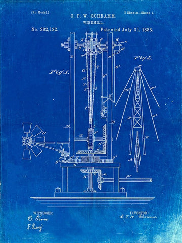 PP26-Faded Blueprint Windmill 1883 Patent Poster White Modern Wood Framed Art Print with Double Matting by Borders, Cole