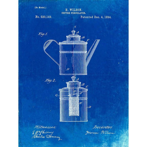 PP27-Faded Blueprint Coffee 2 Part Percolator 1894 Patent Poster White Modern Wood Framed Art Print by Borders, Cole