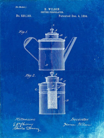 PP27-Faded Blueprint Coffee 2 Part Percolator 1894 Patent Poster White Modern Wood Framed Art Print with Double Matting by Borders, Cole