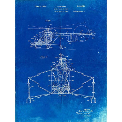 PP28-Faded Blueprint Sikorsky S-47 Helicopter Patent Poster White Modern Wood Framed Art Print by Borders, Cole