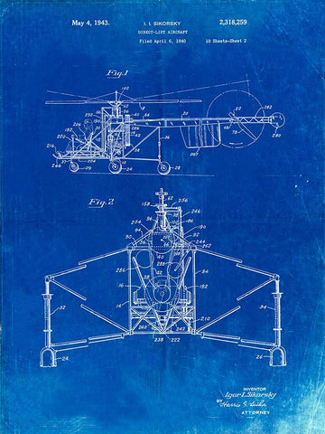 PP28-Faded Blueprint Sikorsky S-47 Helicopter Patent Poster White Modern Wood Framed Art Print with Double Matting by Borders, Cole