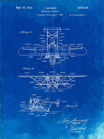 PP29-Faded Blueprint Biwing Seaplane Patent Print White Modern Wood Framed Art Print with Double Matting by Borders, Cole