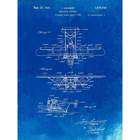 PP29-Faded Blueprint Biwing Seaplane Patent Print Gold Ornate Wood Framed Art Print with Double Matting by Borders, Cole