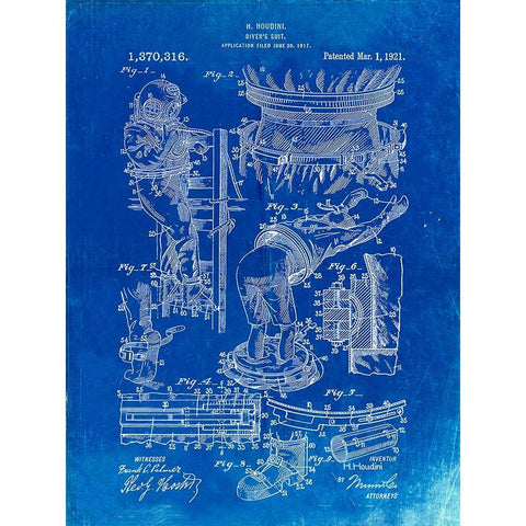 PP32-Faded Blueprint Houdini Diving Suit Patent Poster Black Modern Wood Framed Art Print with Double Matting by Borders, Cole