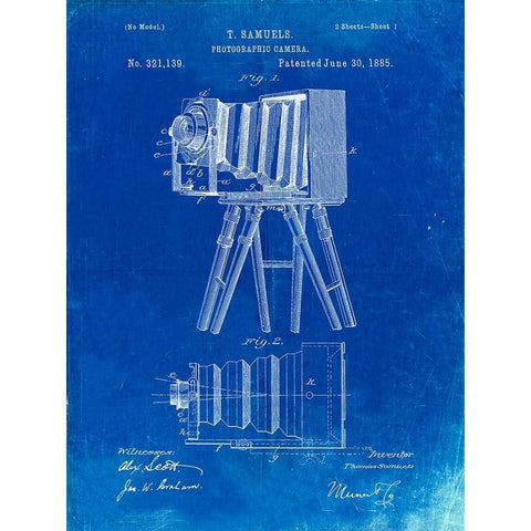 PP33-Faded Blueprint Iconic Photographic Camera 1885 Patent Poster Gold Ornate Wood Framed Art Print with Double Matting by Borders, Cole