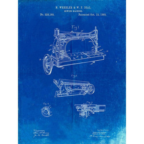 PP37-Faded Blueprint Wheeler And Wilson Sewing Machine Patent Poster White Modern Wood Framed Art Print by Borders, Cole