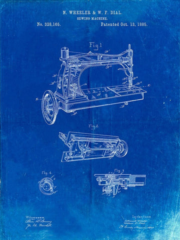 PP37-Faded Blueprint Wheeler And Wilson Sewing Machine Patent Poster Black Ornate Wood Framed Art Print with Double Matting by Borders, Cole