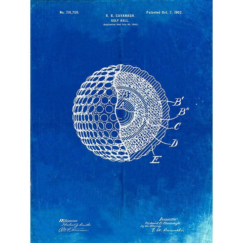 PP42-Faded Blueprint Golf Ball 1902 Patent Poster Black Modern Wood Framed Art Print with Double Matting by Borders, Cole