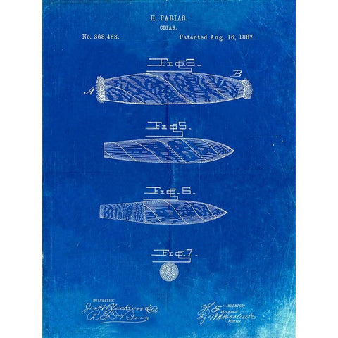 PP43-Faded Blueprint Cigar Tobacco Patent Poster White Modern Wood Framed Art Print by Borders, Cole