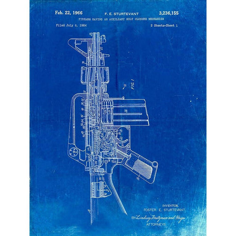 PP44-Faded Blueprint M-16 Rifle Patent Poster Gold Ornate Wood Framed Art Print with Double Matting by Borders, Cole