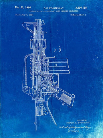 PP44-Faded Blueprint M-16 Rifle Patent Poster Black Ornate Wood Framed Art Print with Double Matting by Borders, Cole
