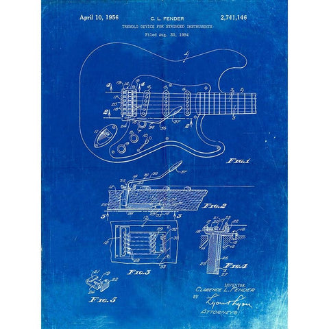 PP46-Faded Blueprint Fender Guitar Tremolo Poster Gold Ornate Wood Framed Art Print with Double Matting by Borders, Cole