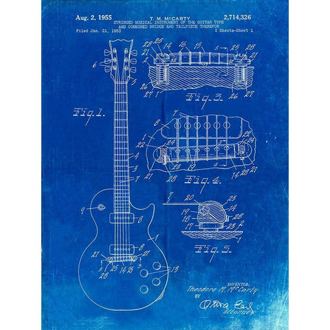 PP47-Faded Blueprint Gibson Les Paul Guitar Patent Poster Gold Ornate Wood Framed Art Print with Double Matting by Borders, Cole