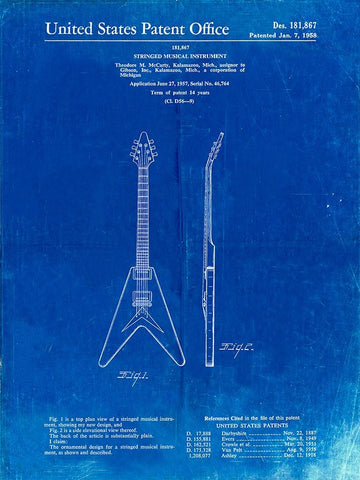 PP48-Faded Blueprint Gibson Flying V Guitar Poster White Modern Wood Framed Art Print with Double Matting by Borders, Cole