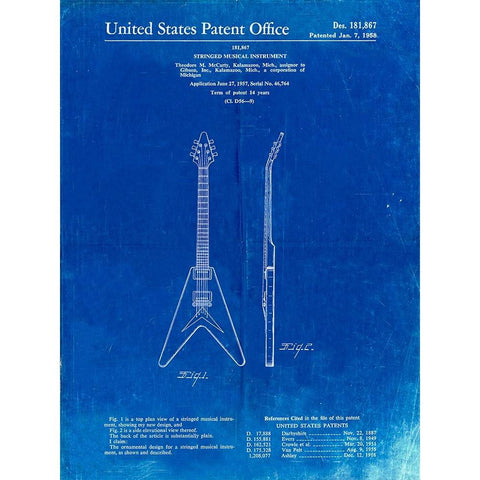 PP48-Faded Blueprint Gibson Flying V Guitar Poster Gold Ornate Wood Framed Art Print with Double Matting by Borders, Cole