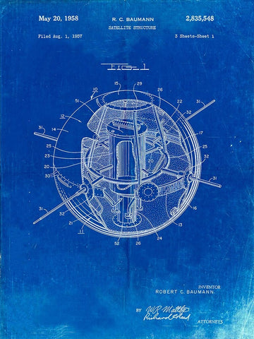 PP52-Faded Blueprint Earth Satellite Patent Poster White Modern Wood Framed Art Print with Double Matting by Borders, Cole