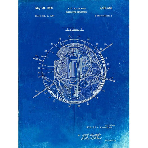 PP52-Faded Blueprint Earth Satellite Patent Poster Black Modern Wood Framed Art Print by Borders, Cole
