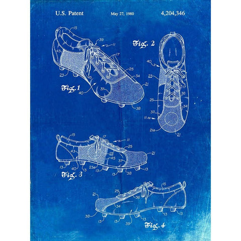 PP55-Faded Blueprint Soccer Cleats Poster White Modern Wood Framed Art Print by Borders, Cole