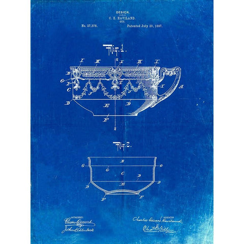 PP57-Faded Blueprint Haviland Demitasse Tea Cup Patent Poster White Modern Wood Framed Art Print by Borders, Cole