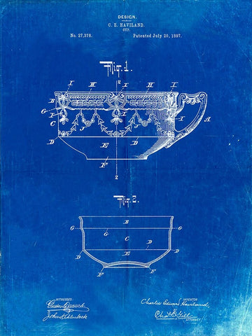 PP57-Faded Blueprint Haviland Demitasse Tea Cup Patent Poster White Modern Wood Framed Art Print with Double Matting by Borders, Cole