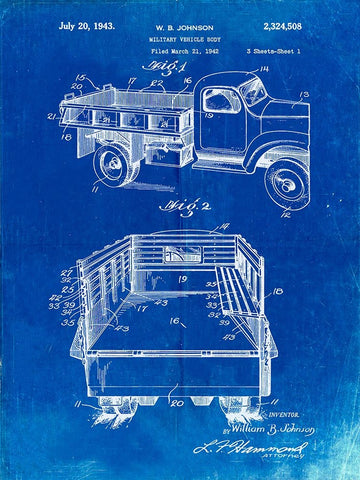 PP59-Faded Blueprint Army Troops Transport Truck Patent Poster White Modern Wood Framed Art Print with Double Matting by Borders, Cole