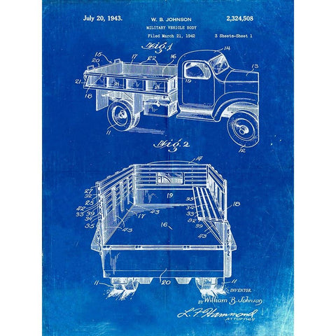 PP59-Faded Blueprint Army Troops Transport Truck Patent Poster White Modern Wood Framed Art Print by Borders, Cole