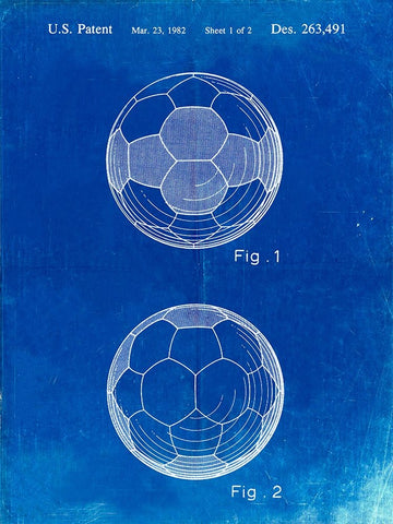 PP62-Faded Blueprint Leather Soccer Ball Patent Poster White Modern Wood Framed Art Print with Double Matting by Borders, Cole