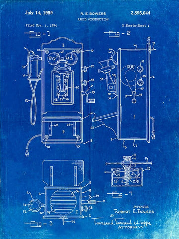 PP65-Faded Blueprint Wall Phone Patent Poster White Modern Wood Framed Art Print with Double Matting by Borders, Cole