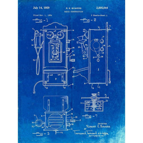 PP65-Faded Blueprint Wall Phone Patent Poster White Modern Wood Framed Art Print by Borders, Cole