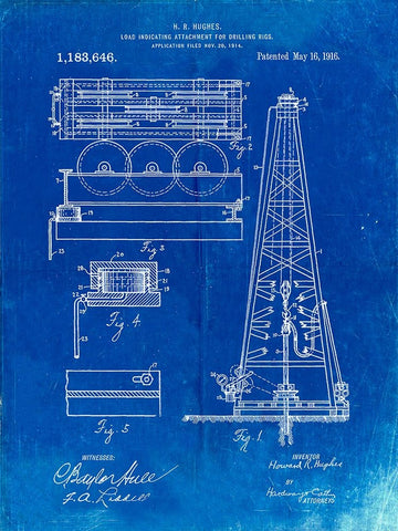 PP66-Faded Blueprint Howard Hughes Oil Drilling Rig Patent Poster Black Ornate Wood Framed Art Print with Double Matting by Borders, Cole