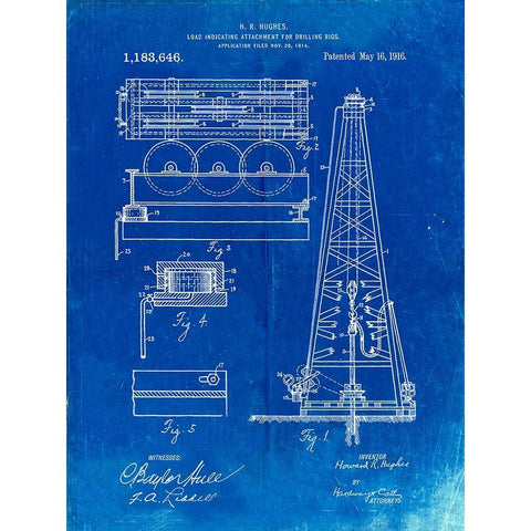 PP66-Faded Blueprint Howard Hughes Oil Drilling Rig Patent Poster Gold Ornate Wood Framed Art Print with Double Matting by Borders, Cole