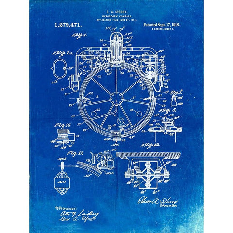 PP67-Faded Blueprint Gyrocompass Patent Poster Gold Ornate Wood Framed Art Print with Double Matting by Borders, Cole