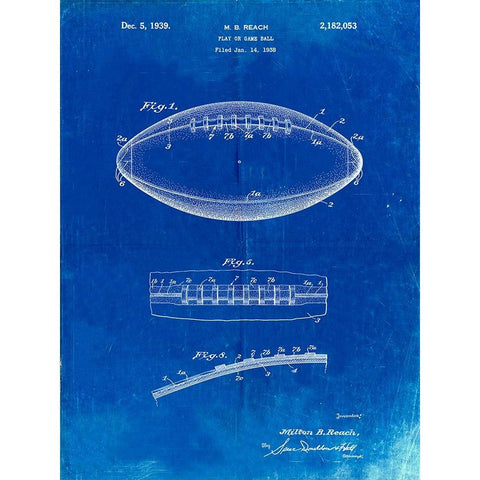 PP71-Faded Blueprint Football Game Ball Patent  White Modern Wood Framed Art Print by Borders, Cole