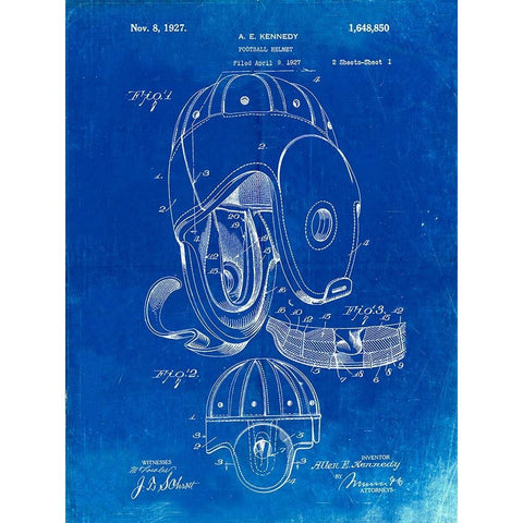 PP73-Faded Blueprint Football Leather Helmet 1927 Patent Poster Black Modern Wood Framed Art Print with Double Matting by Borders, Cole