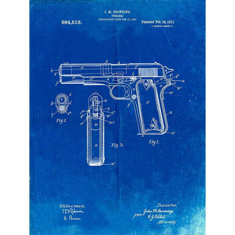 PP76-Faded Blueprint Colt 1911 Semi-Automatic Pistol Patent Poster Gold Ornate Wood Framed Art Print with Double Matting by Borders, Cole