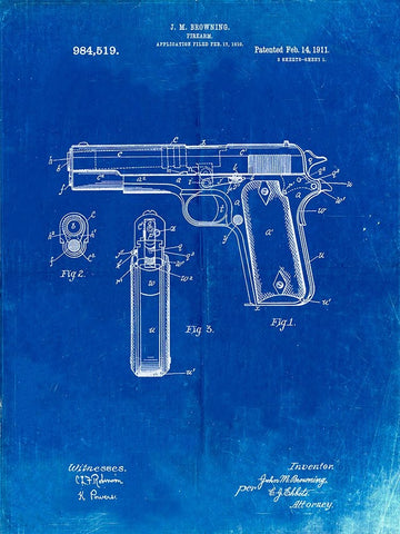 PP76-Faded Blueprint Colt 1911 Semi-Automatic Pistol Patent Poster White Modern Wood Framed Art Print with Double Matting by Borders, Cole