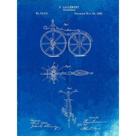 PP77-Faded Blueprint First Bicycle 1866 Patent Poster White Modern Wood Framed Art Print by Borders, Cole