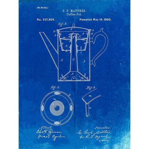 PP78-Faded Blueprint Coffee Percolator 1880 Patent Art White Modern Wood Framed Art Print by Borders, Cole