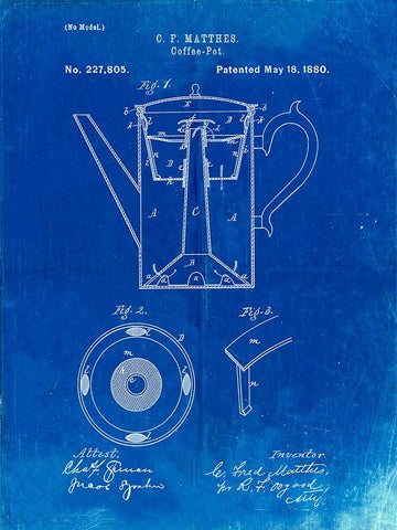 PP78-Faded Blueprint Coffee Percolator 1880 Patent Art White Modern Wood Framed Art Print with Double Matting by Borders, Cole