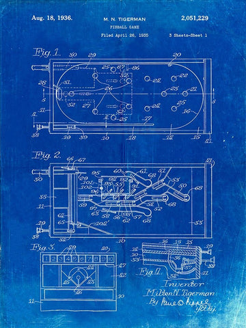 PP79-Faded Blueprint Pin Ball Machine Patent Poster Black Ornate Wood Framed Art Print with Double Matting by Borders, Cole