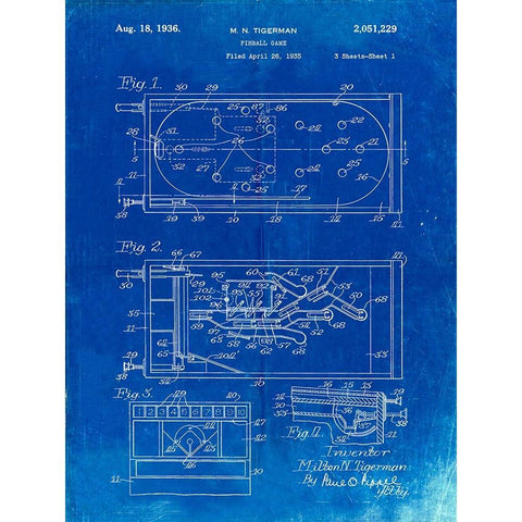 PP79-Faded Blueprint Pin Ball Machine Patent Poster White Modern Wood Framed Art Print by Borders, Cole