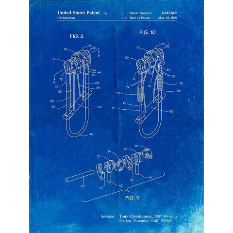 PP81-Faded Blueprint Rock Climbing Camalot Patent Poster Gold Ornate Wood Framed Art Print with Double Matting by Borders, Cole